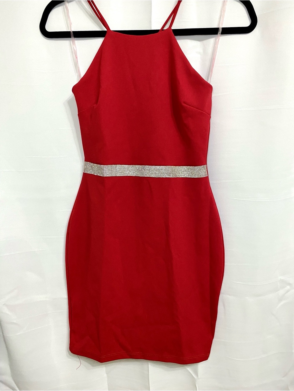 gLARE Women’s Small Red Rhinestone Waist Bodycon Mini Dress Strappy Back